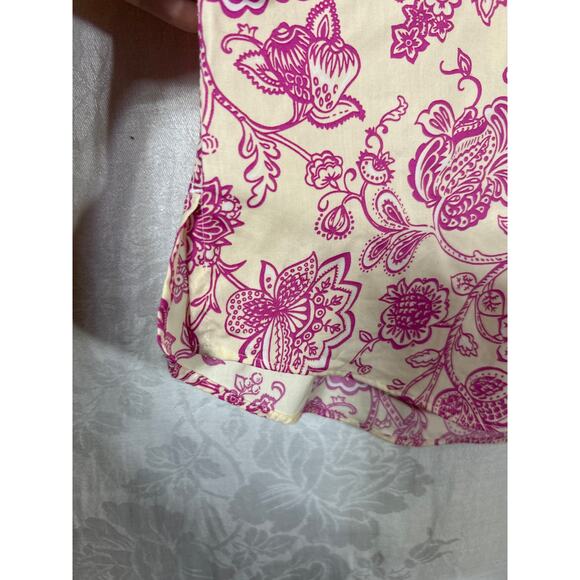 Lands End Button Up Tunic 12 Yellow Pink Floral No Iron Supima - Picture 2 of 12